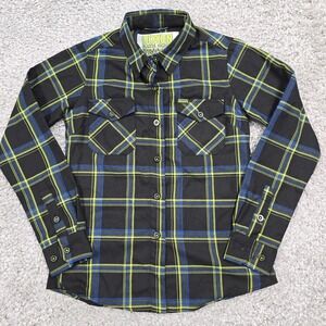 Dixxon Infectious Grooves Flannel Shirt Womens Small Black Neon Plaid Grunge
